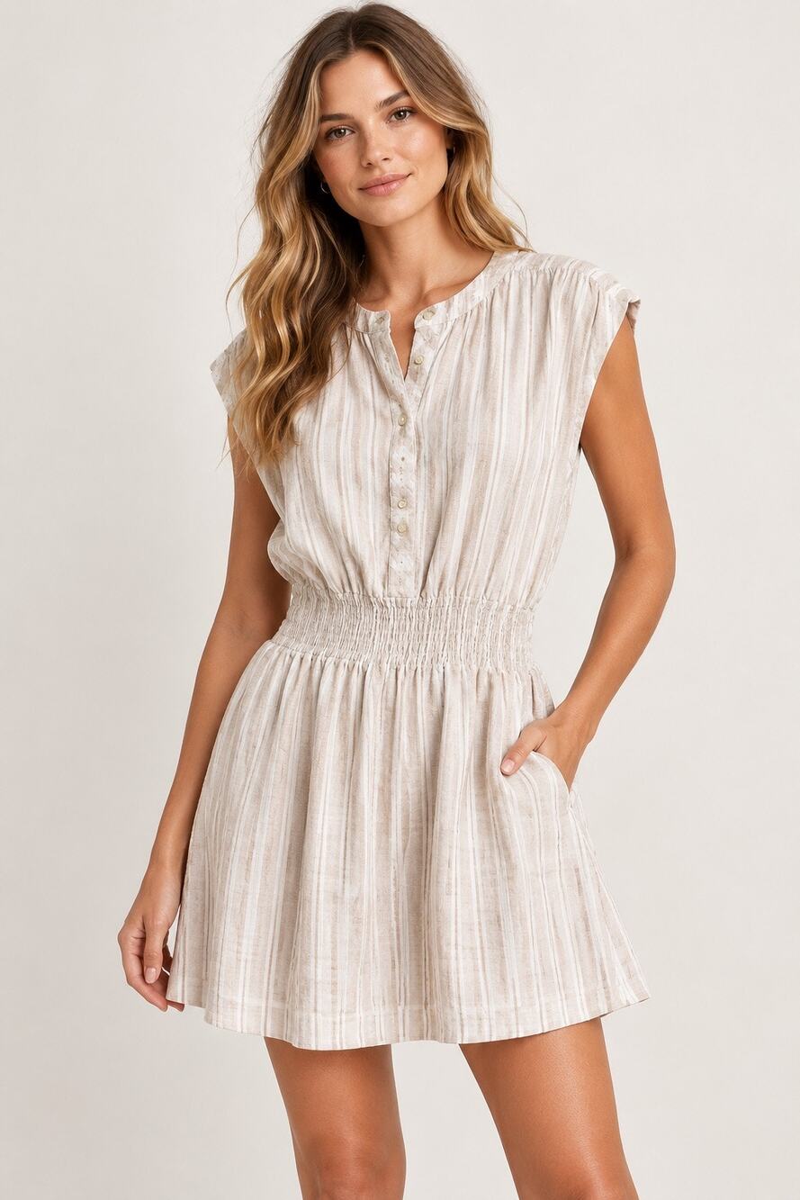 Rails Angelina Dune Stripe Linen Blend Smocked Waist Mini Dress M